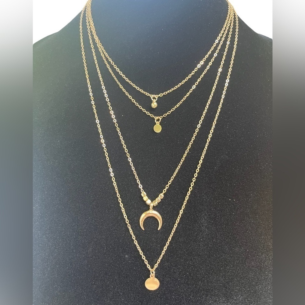 Moon/Disc Pendant, Multi-layer Necklace; Gold - Picture 8 of 10